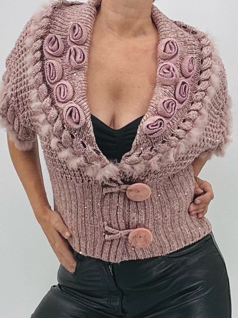 Vintage Y2K Coquette Girl Twee Faux Fur Embellished Short Sleeve Knit Sweater